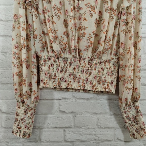 O Forever 21 Cream Wildflower Neck Tie Smocked Cropped Long Sleeve Top NWT M - Picture 9 of 13